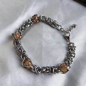 Genuine Orange Aventurine Gemstone Crystal Silver Stainless Steel Bracelet